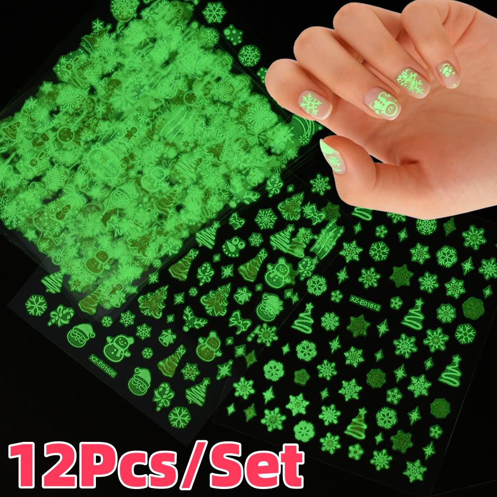 Nail Art Xmas Stickers - 12 Pz/set 3D Luminoso Di Natale